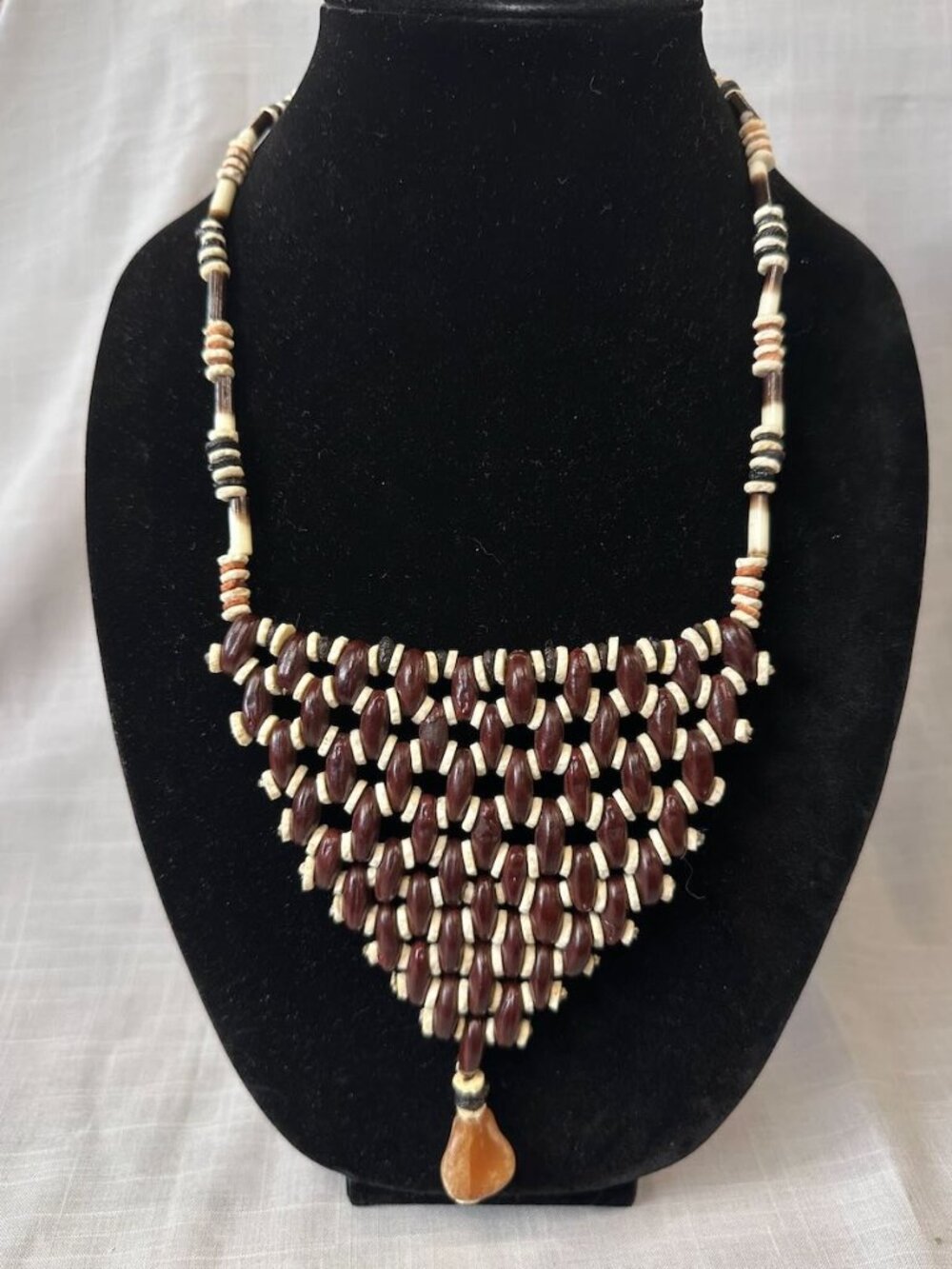 African Handmade Seed, Ostrich Egg, Wood and Horn Beaded Bib Necklace